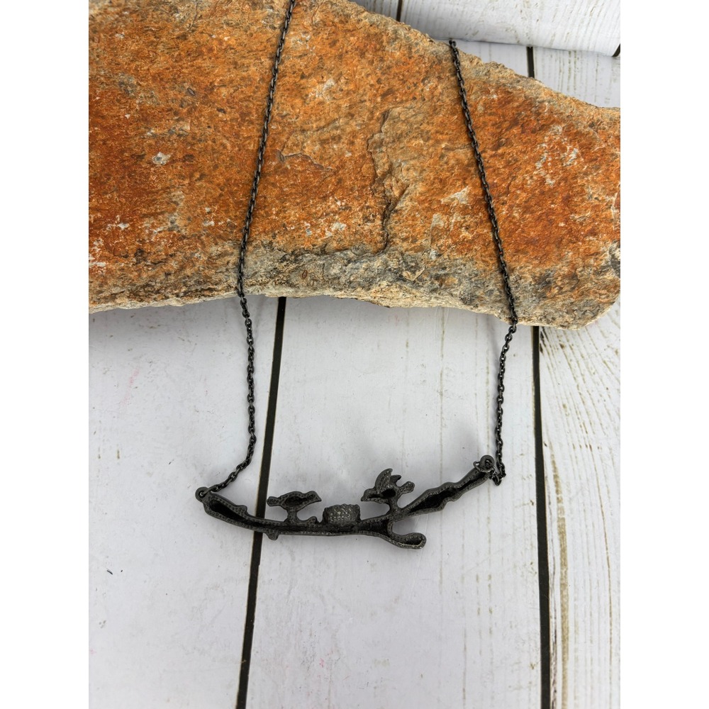 Gunmetal Birds on a Branch with Nest Necklace Nature Whimsical Goth Jewelry P134